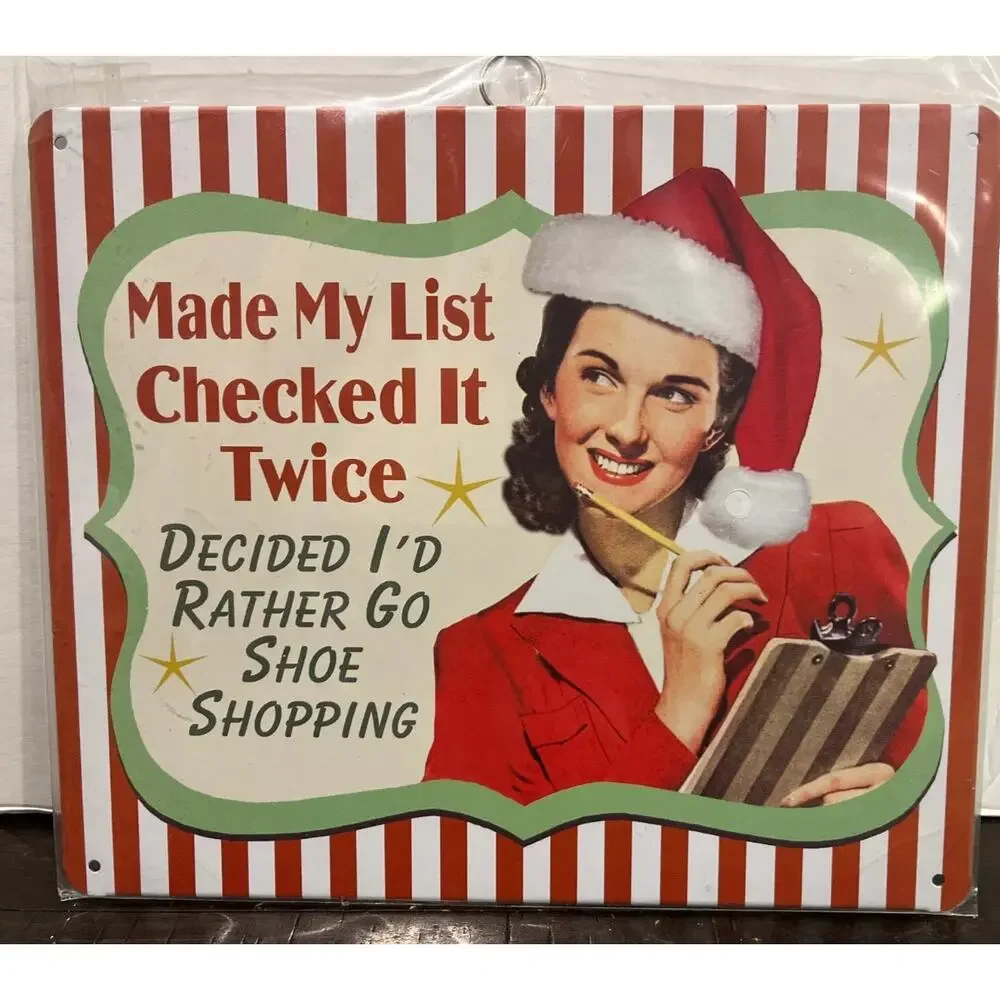 NWT NEW Retro Christmas Decor Metal Sign Made‎ My List Rather Go Shoe Shopping